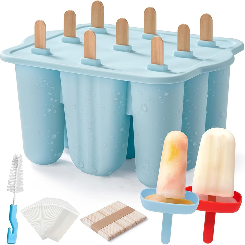 Silicone Popsicle Molds 9 Pieces, BPA Free Ice Pop Molds with Sticks & Drip-Proo
