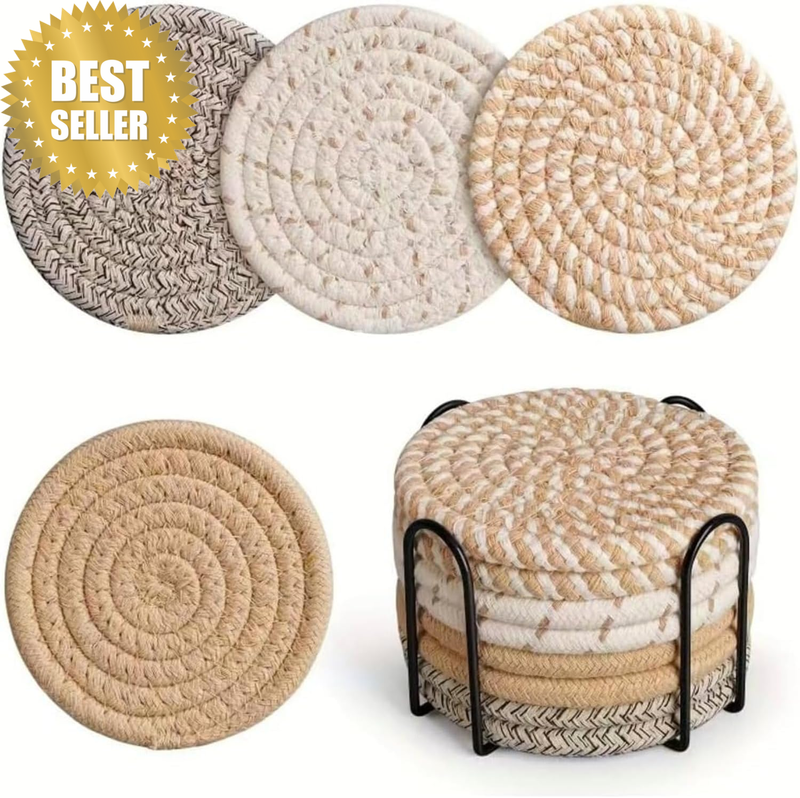 8Pcs Drink Coasters with Metal Holder, Cotton Woven Absorbent Coasters for Drink