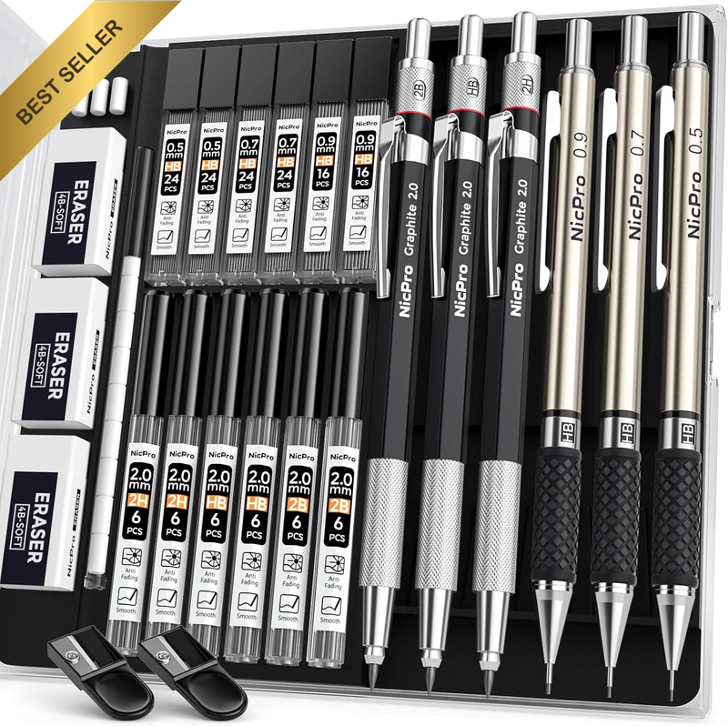 6PCS Mechanical Pencils, 3 PCS Metal Automatic Drafting Pencil 0.5 Mm & 0.7 Mm &