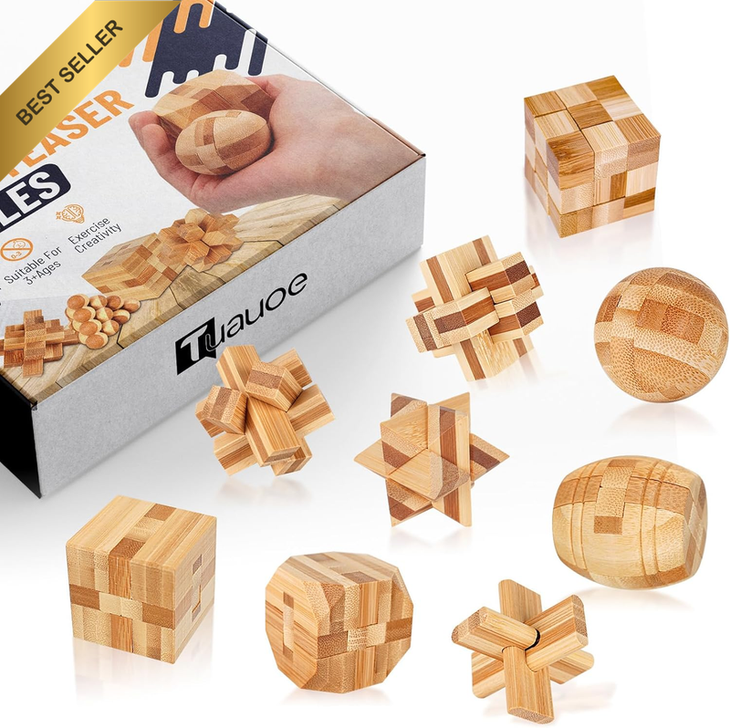 9 Pcs Wooden Brain Teaser Puzzle Set 3D Logic Mind Box Lock IQ Gift