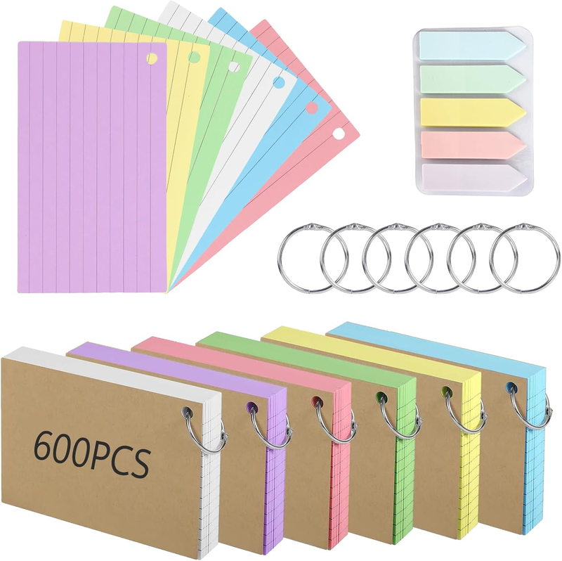 600PCS Index Cards, 3X5 Inches Colored Flash Cards with Ring, Punched Lined Flas