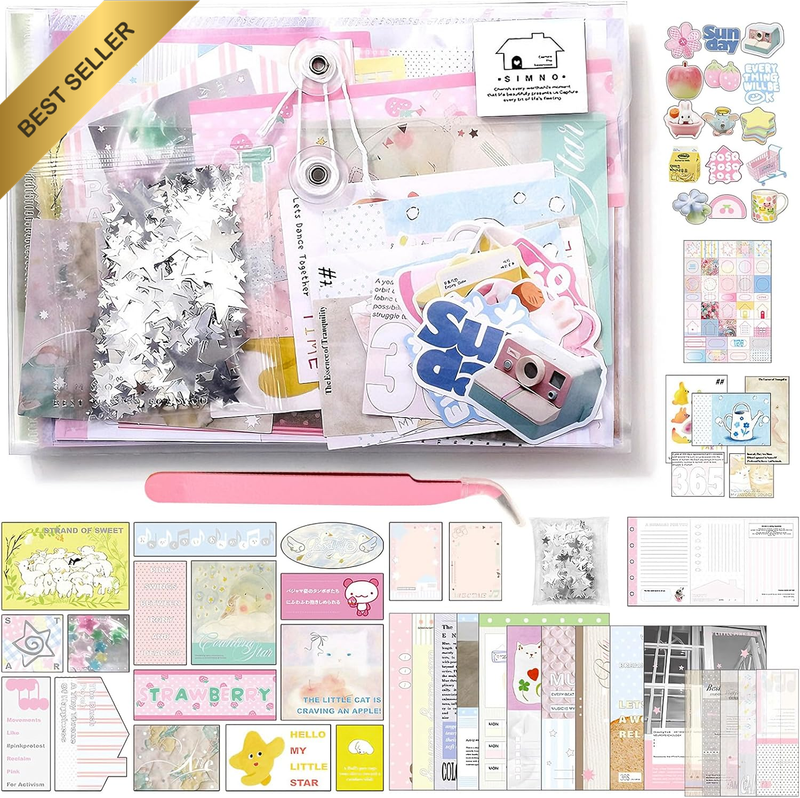 100+ Pcs Aesthetic Scrapbook Kit for Girls: Stickers, Cards, Vellum Papers & Gli