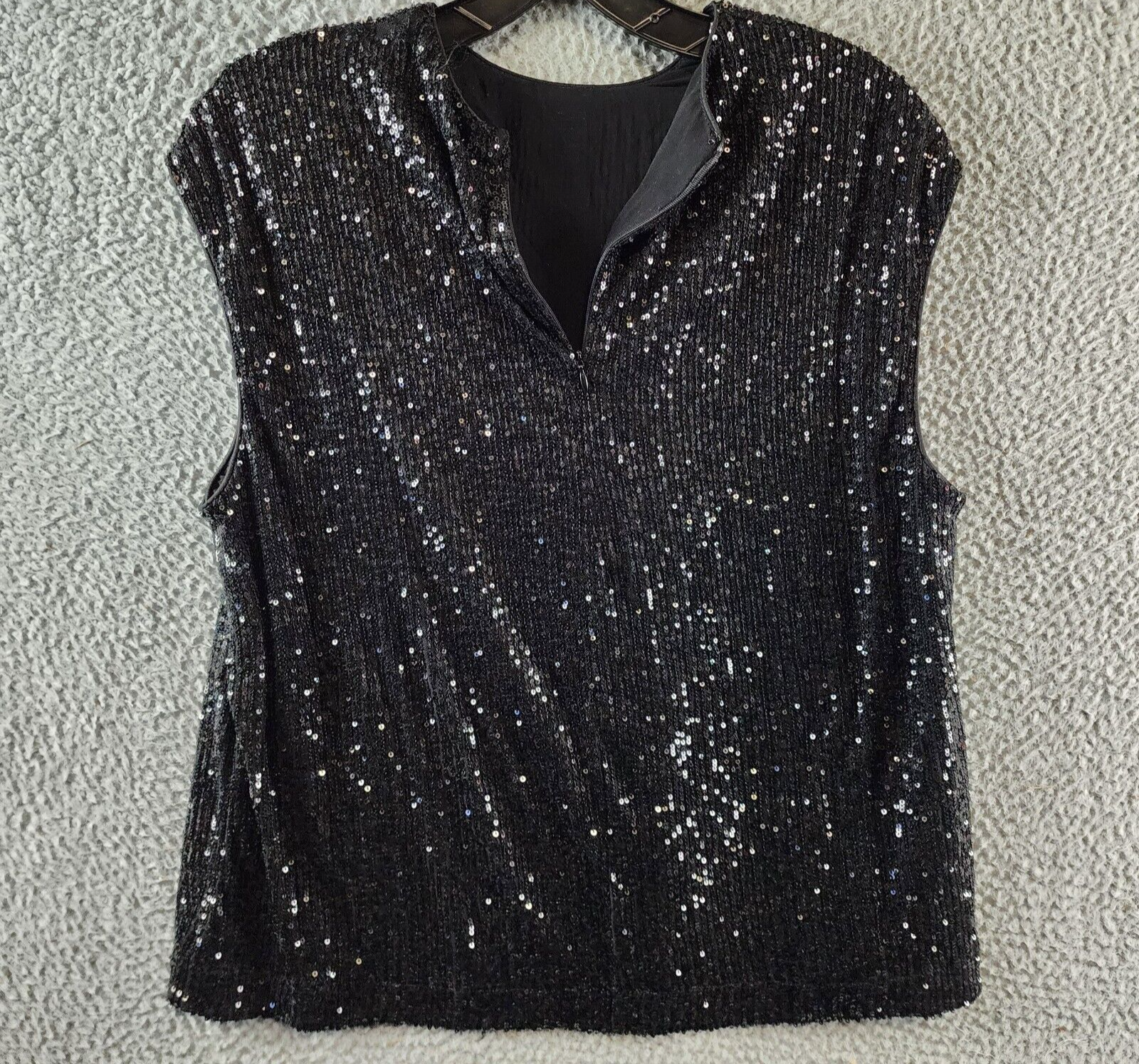 Calvin Klein Sequin Cap Sleeve Top Women's Large Black Back Zip Closure - Picture 7 of 15