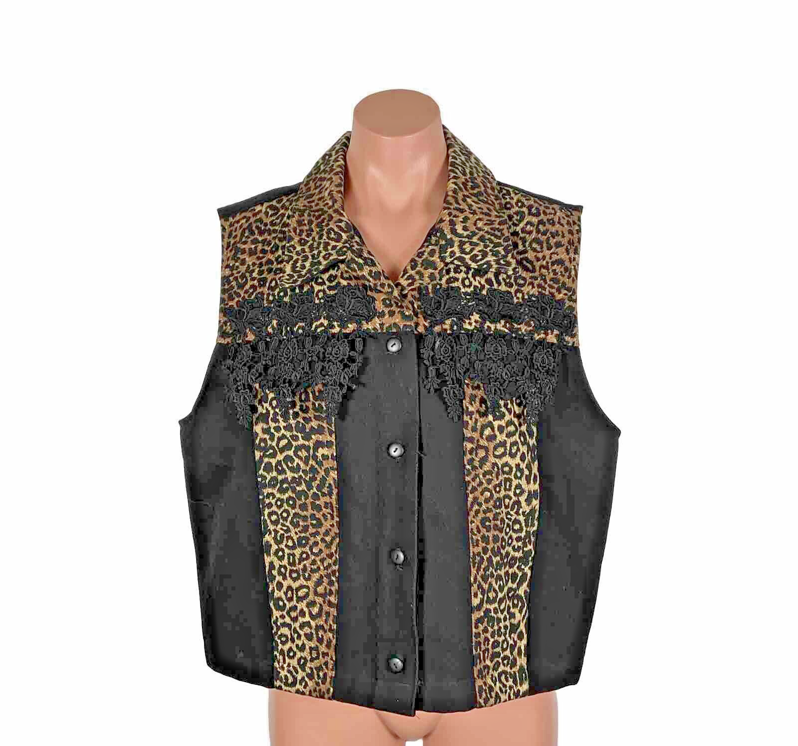 Vintage 90s Black Denim Jean Vest animal Print Leopard