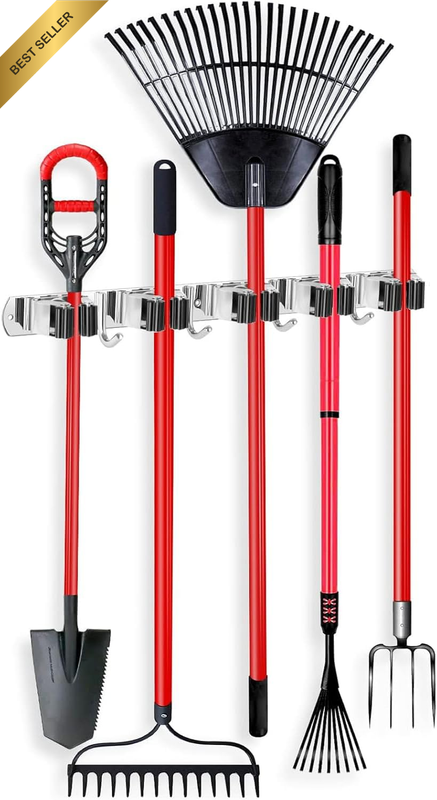 5 Racks and 4 Hooks Mop and Broom Holder Wall Mount, Broom Organizer Storage Too