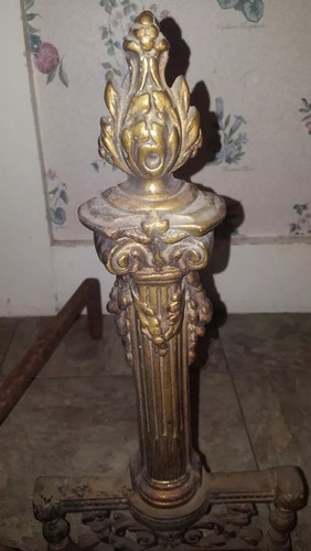 Pair Brass French Empire Design Pillar W/ Vines Fireplace Andirons Claw Feet