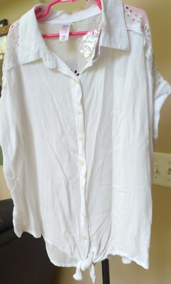 JUSTICE Sz 12 White Cotton Tie Waist Versatile Button-down Shirt Eyelets 