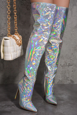 Holographic thigh store high boots