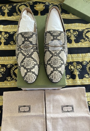 Pre-owned Gucci Auth  Python Calf Print Leather Horsebit Loafers Shoes 8 Us 8.5 In Beige