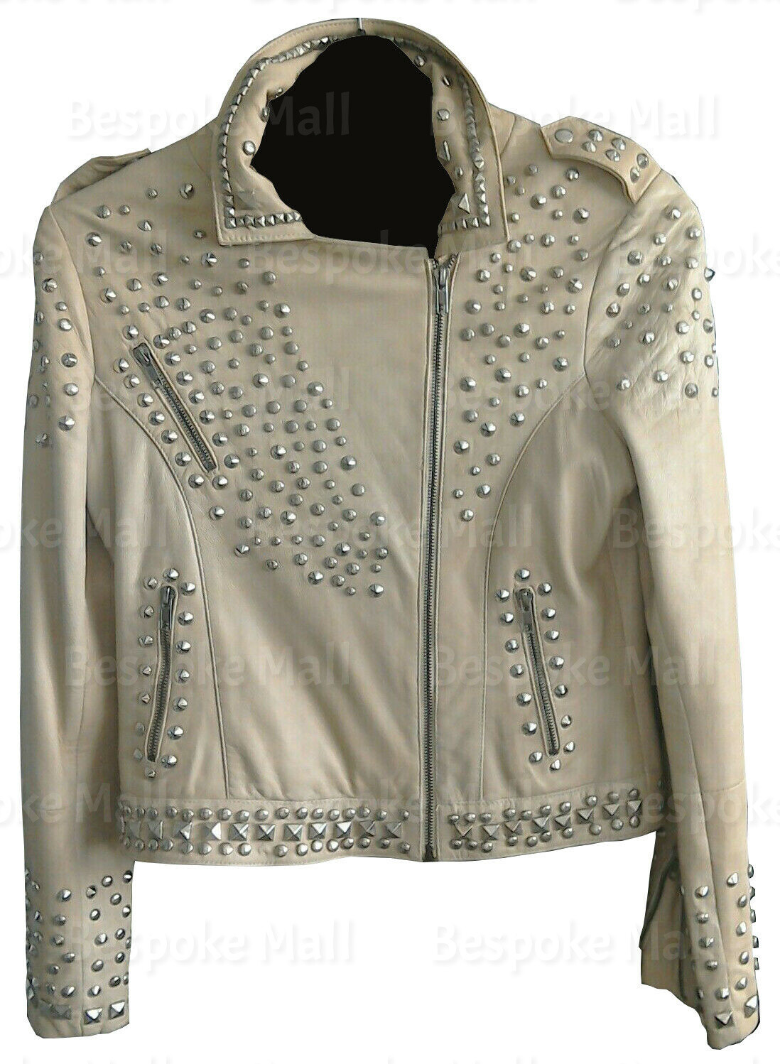 Pre-owned Handmade Woman  Cream Silver Studded Unique Cowhide Biker Leather Jacket-745 In White