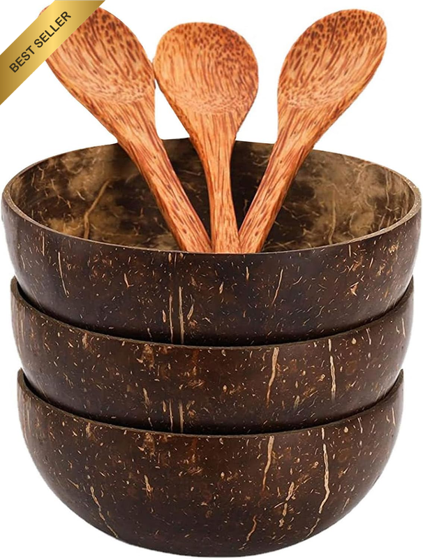 Coconut Bowl Set - 3 Coconut Bowls & 3 Spoons,Hand Made Wooden Cutlery,Dessert F