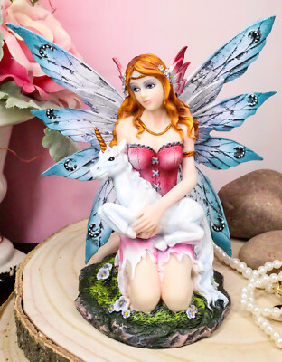 Enchanted Forest Lavender Fairy With Baby Unicorn Figurine Myths Legends Accent
