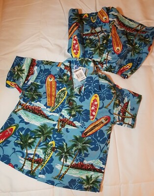 RJC Hawaiian Hawaii Boys Size 24M Camp Shirt & Shorts Set Surfboards Palms NWT 