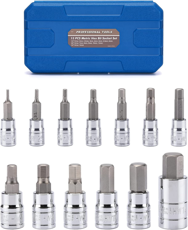 13PCS Metric Hex Bit Socket Set, CR-V Allen Bit Socket Kit, S2 Steel, 2mm - 14mm