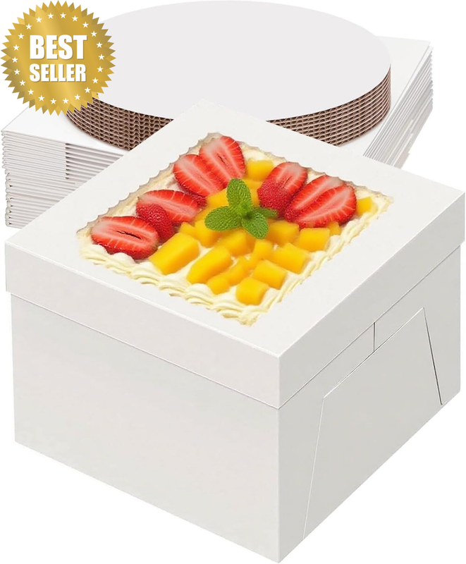 20 Packs 10X10X8 Inch Tall Cake Box with 10Inch Cake Board and Clear Windows Dis