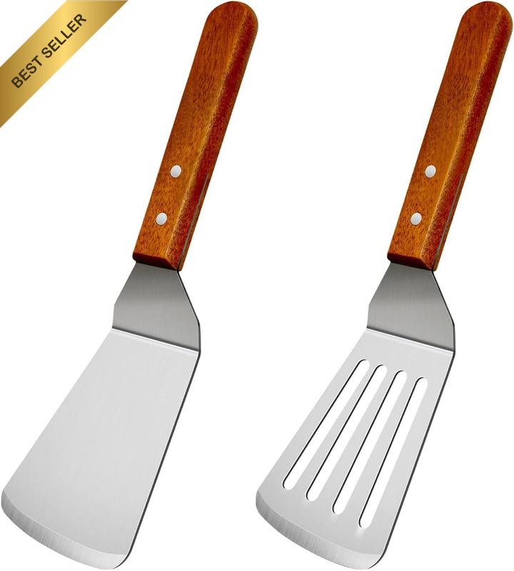 Professional Stainless Steel Spatula and Turner Set, Wooden Handle, Kitchen Uten