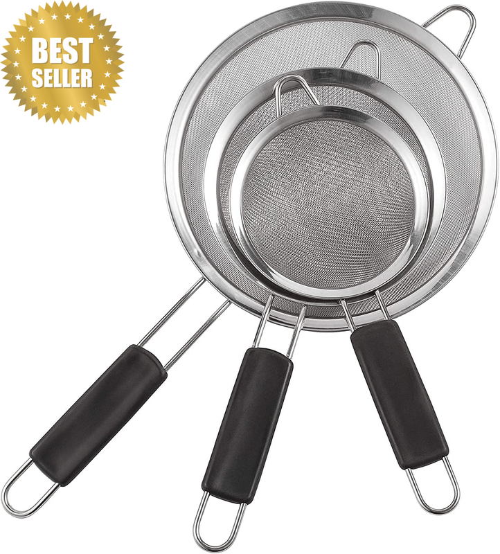 Fine Mesh Strainer, HOMIEST Set of 3 Sizes Sifter for Kitchen, Stainless Steel S