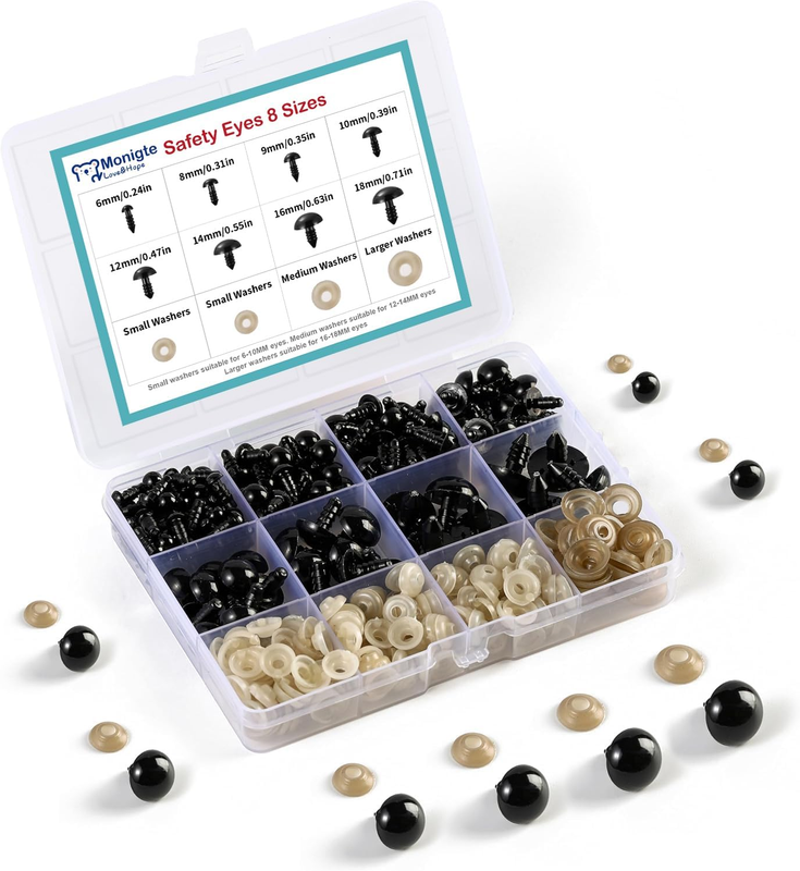 260PCS Plastic Safety Eyes with Washers, 6-18 mm, 8 Sizes Safety Eyes for Croche