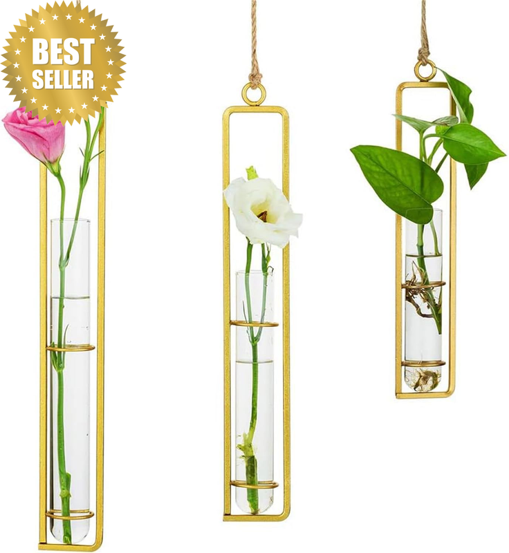3Pcs Glass Hanging Vases, Wall-Mounted Terrarium Container, Metal Hanging Plant