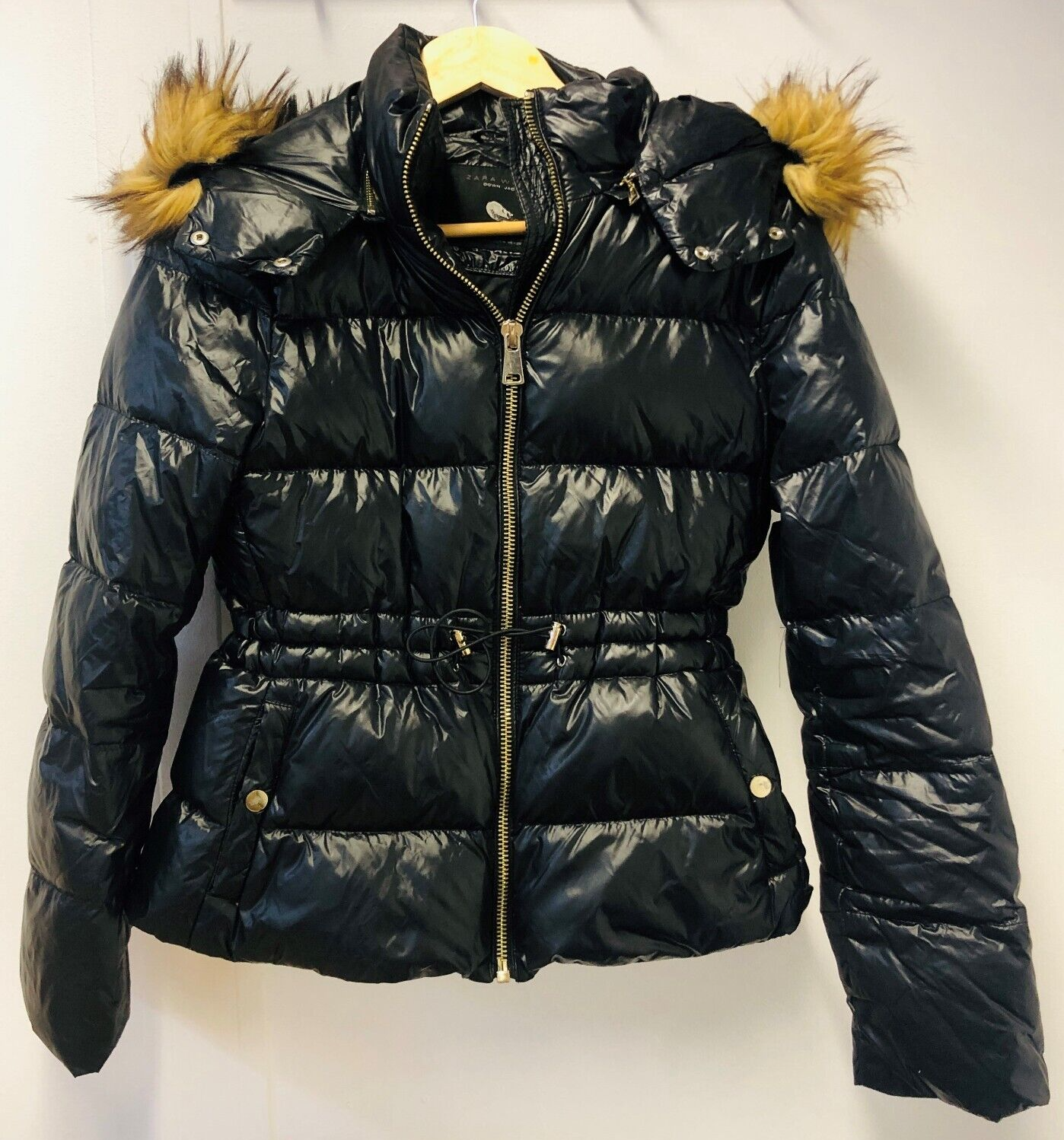 Zara black shiny best sale coat with fur hood