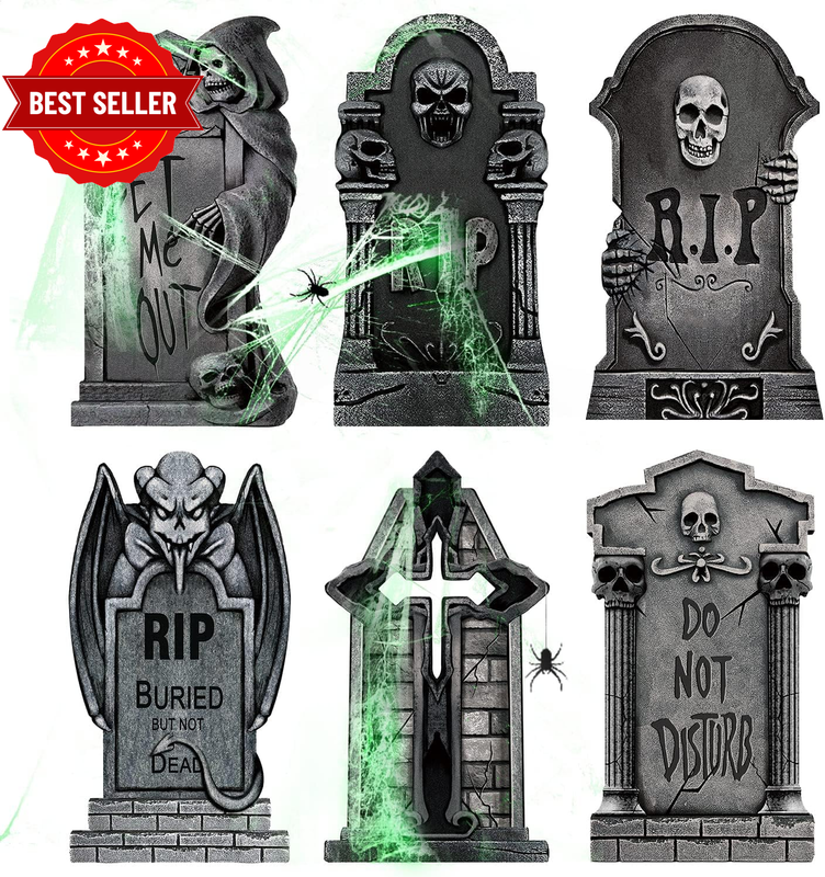 9 Pcs Halloween Tombstones RIP Graveyard, 15'' Plastic Tombstone Halloween Decor