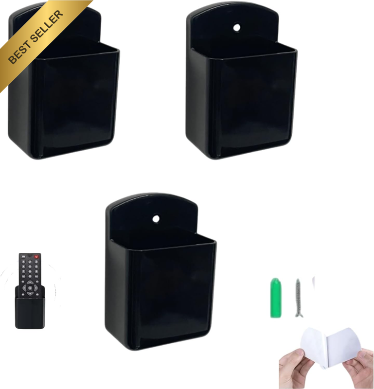 3 Packs Wall Mount Remote Control Holder, Black Self-Adhesive Storage Box, TV Co