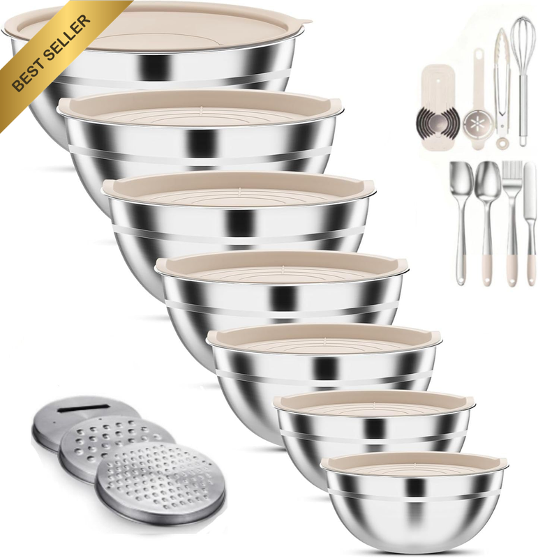 Stainless Steel Mixing Bowls with Lids, 7 Piece Meal Prep Nesting Bowls Set, Mul
