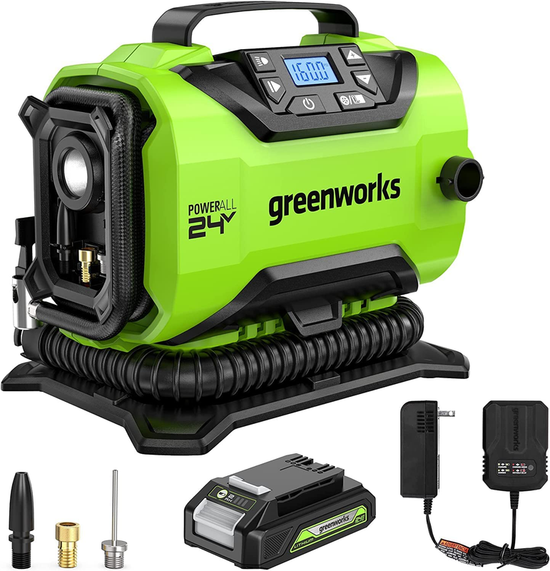 Greenworks 24V Cordless Tire Inflator, 160 PSI Portable Air Compressor, 2 Power