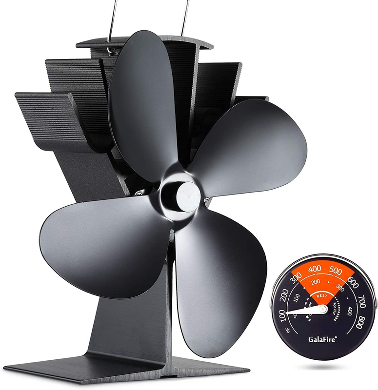 4-Blades Heat Powered Wood Stove Fan + Magnetic Thermometer, 122°F Start Non Ele