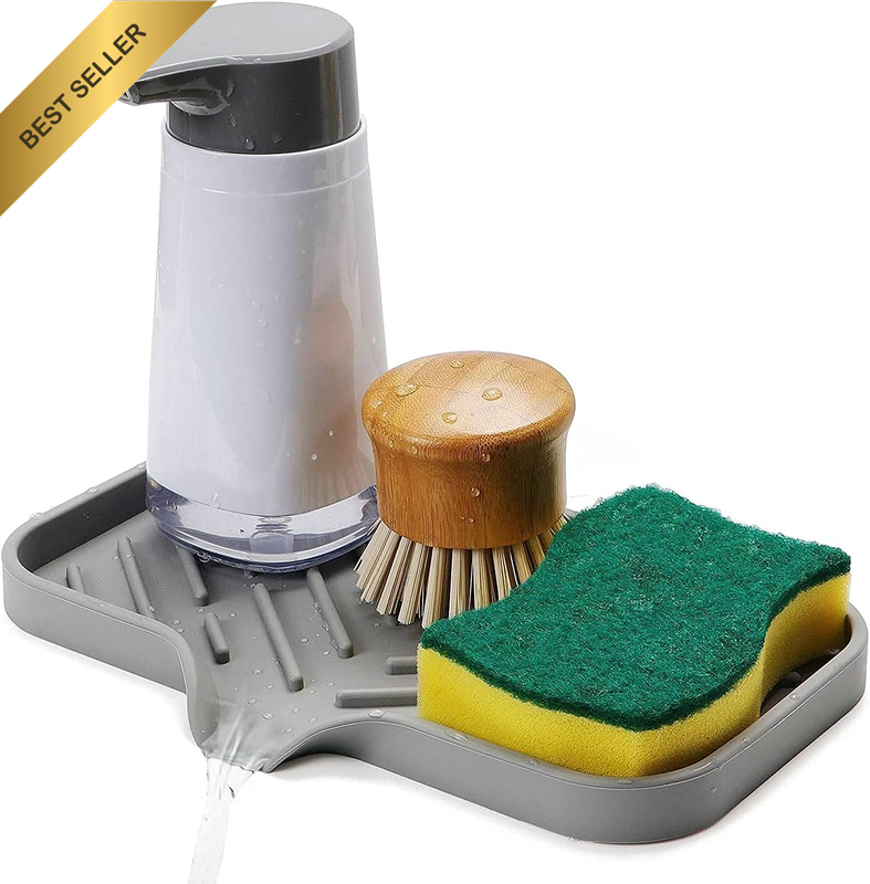 Silicone Kitchen Soap Tray Sponge Holder Sink Organizer with Drain Spout Grey 9.