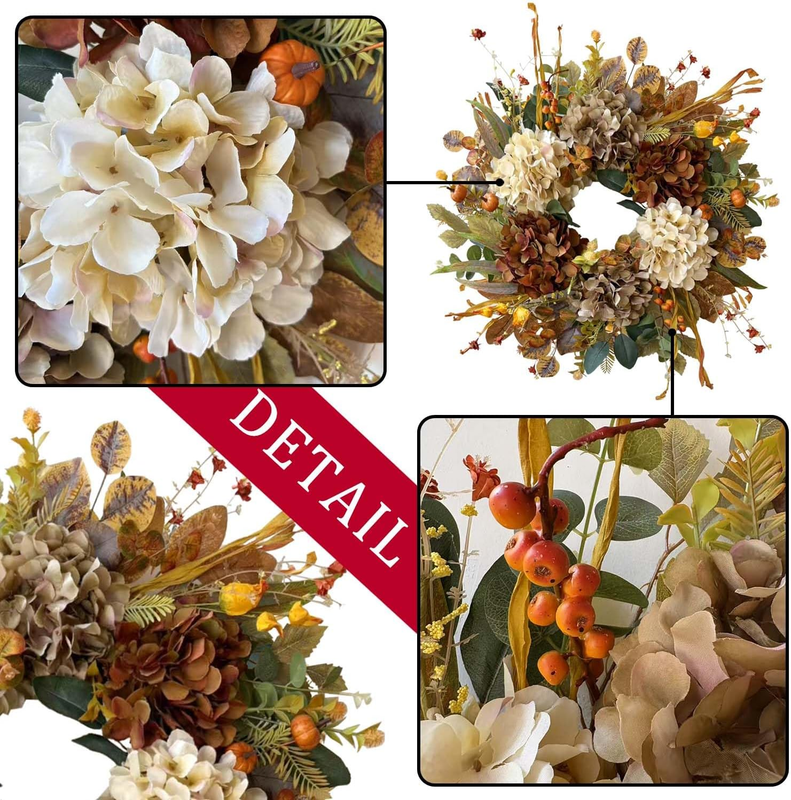 24 Inch Fall Wreaths for Front Door with Hydrangea,Little Pumpkins-Fall Decorati