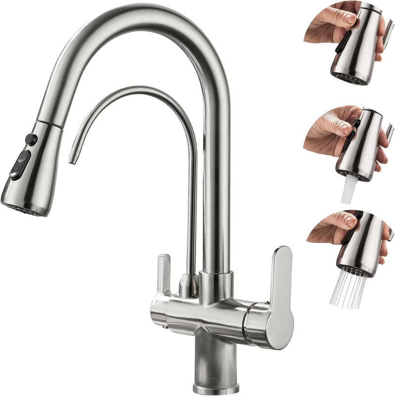 Kitchen Sink Faucet with Pull down Spayer Water Filter 2 Handle 3 in 1 for Cold