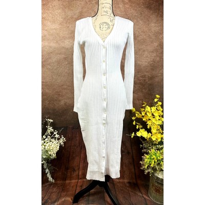 Pre-owned Lita By Ciara Icon Rib V Neck Cardigan Button Front Midi Dress - White - Size M