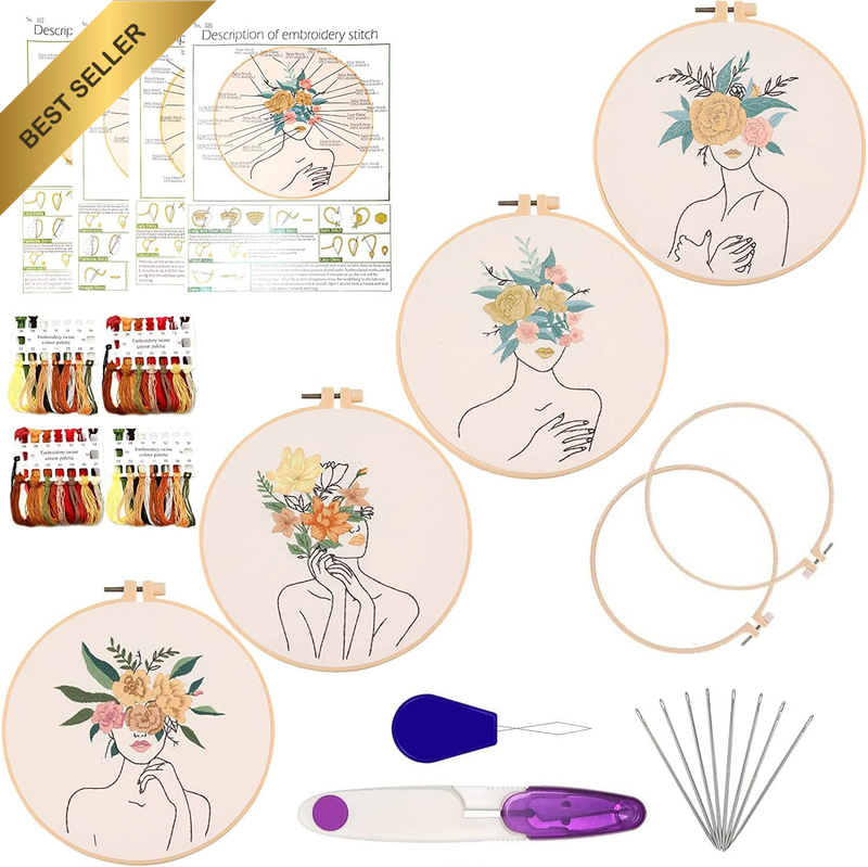 Embroidery Starter Kits, Set of 4 Line Art Girls Embroidery Kits, Original Body