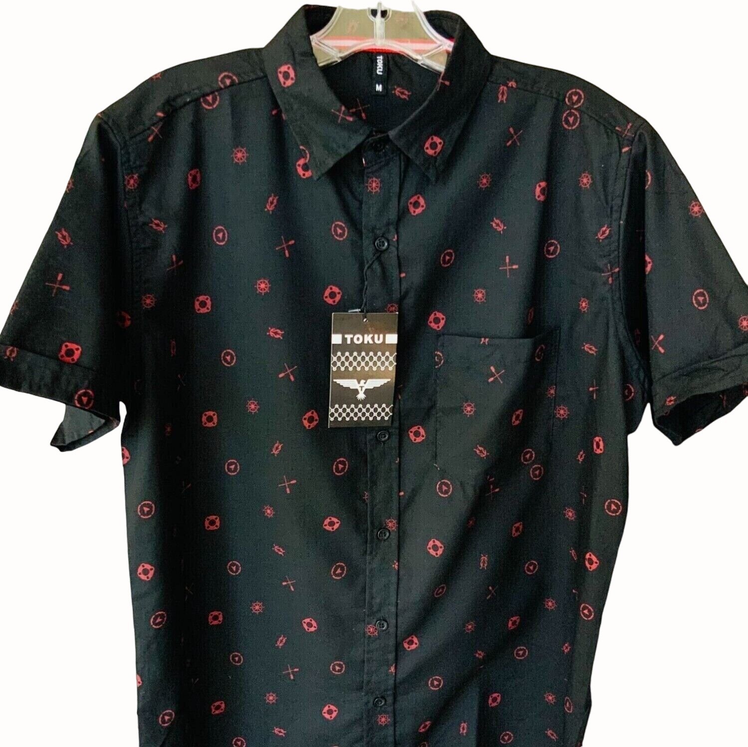 Toku Mens Short Sleeve Shirt Button Down Medium Black Red