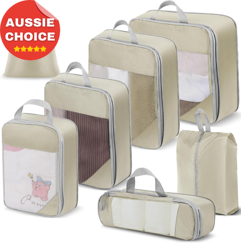 Compression Packing Cubes Set 7Pcs Beige Luggage Organiser Travel Bags