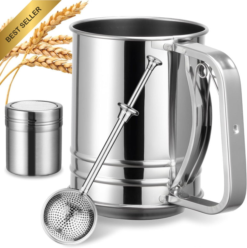 Flour Sifter, 3 in 1 Stainless Steel Sifter for Baking, 3 Cup Double Layer Fine
