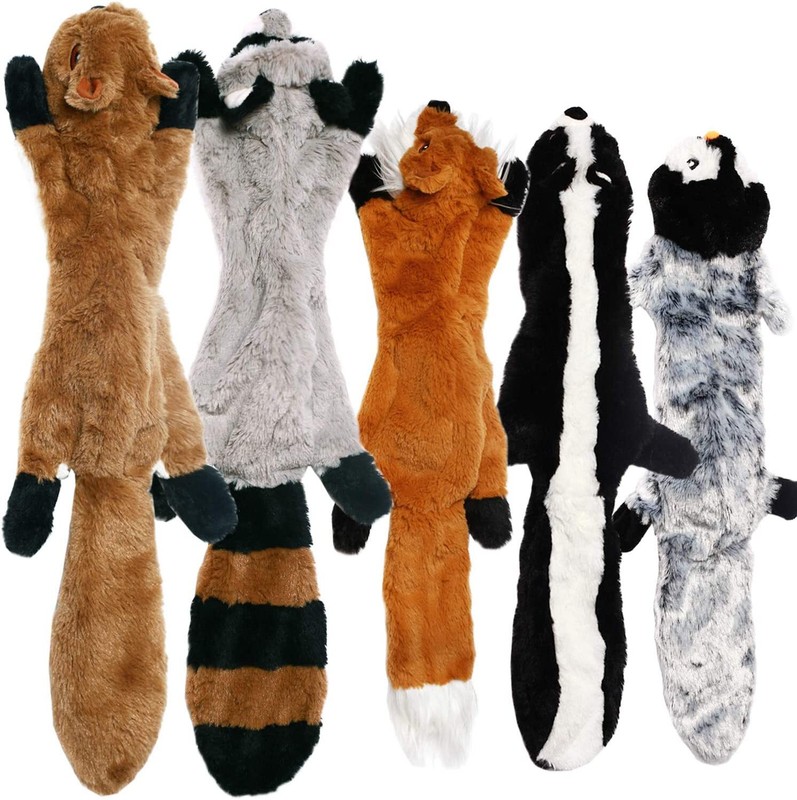 No Stuffing Dog Toys with Squeakers, Durable Stuffingless Plush Squeaky Dog Chew Toy Set ,Crinkle Dog Toy for Medium and Large Dogs, 5 Pack（Squirrel Raccoon Fox Skunk and Penguin）, 24Inch