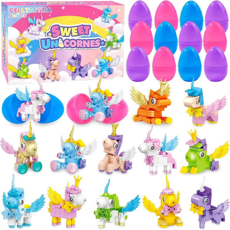 12PCS Prefilled Easter Eggs Unicorn Building Blocks Toys Kids Party Favors Baske
