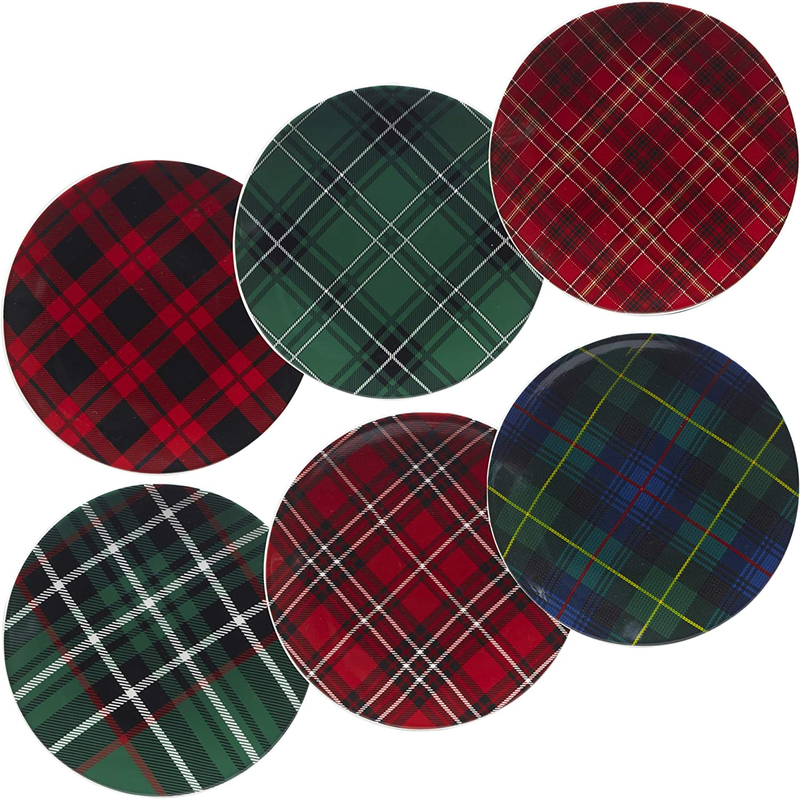 Christmas Plaid 8.25" Salad/Dessert Plate, Set of 6 Assorted Designs, One Size,