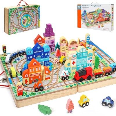 Large Wooden Building Blocks Set, Electric Train City Construction