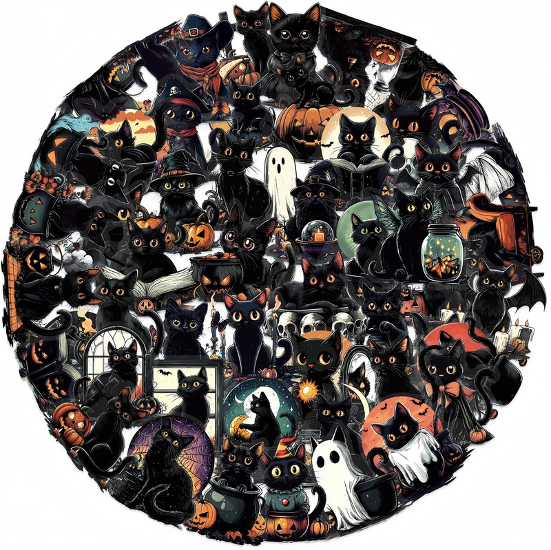 50Pcs Black Cat Halloween Stickers for Kids, Waterproof Vinyl Decals Animal Stic