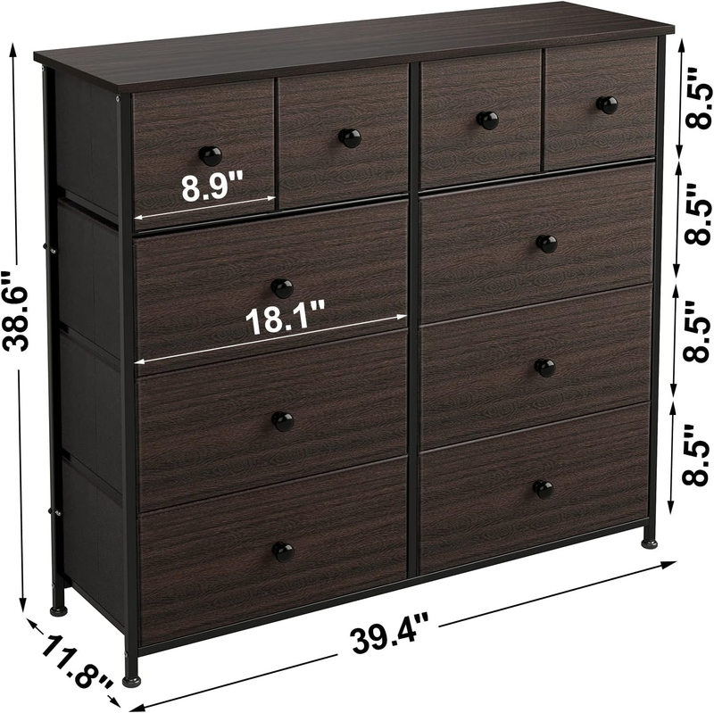 Dresser for Bedroom with 10 Drawers, Wide Black Dresser with Wood Top, Fabric St