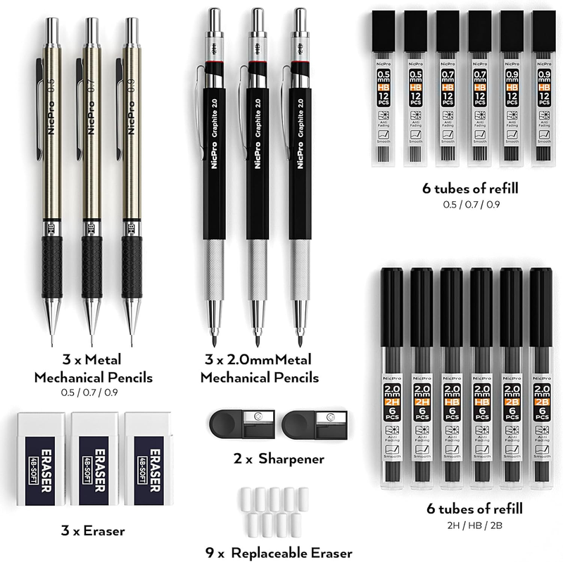 6PCS Art Mechanical Pencils Set, 3PCS Metal Drafting Pencil 0.5 Mm & 0.7 Mm & 0.