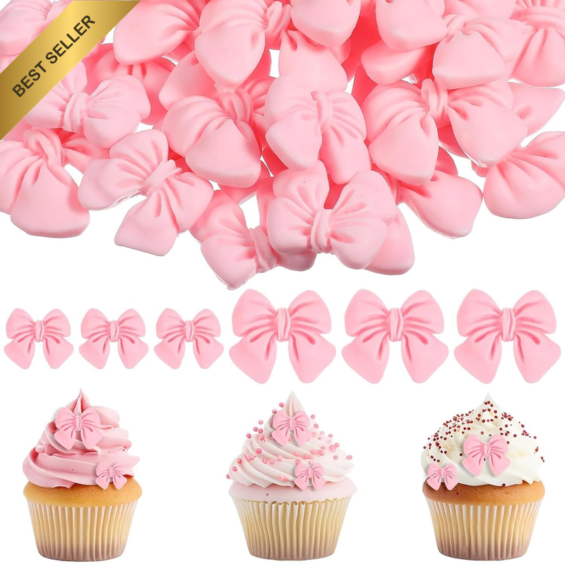 30Pcs Pink Bow Cupcake Decorations, Cake Topper Supplies, Pink Bows Cupcake Topp