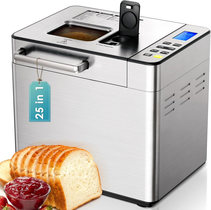 25-In-1 Bread Maker Machine 2LB Breadmaker, Bread Machines with Nut Dispenser and Yeast Dispenser, 3 Loaf Sizes 3 Crust Colors, Dough Maker with Customized Options, Gluten-Free, Recipe, Gifts