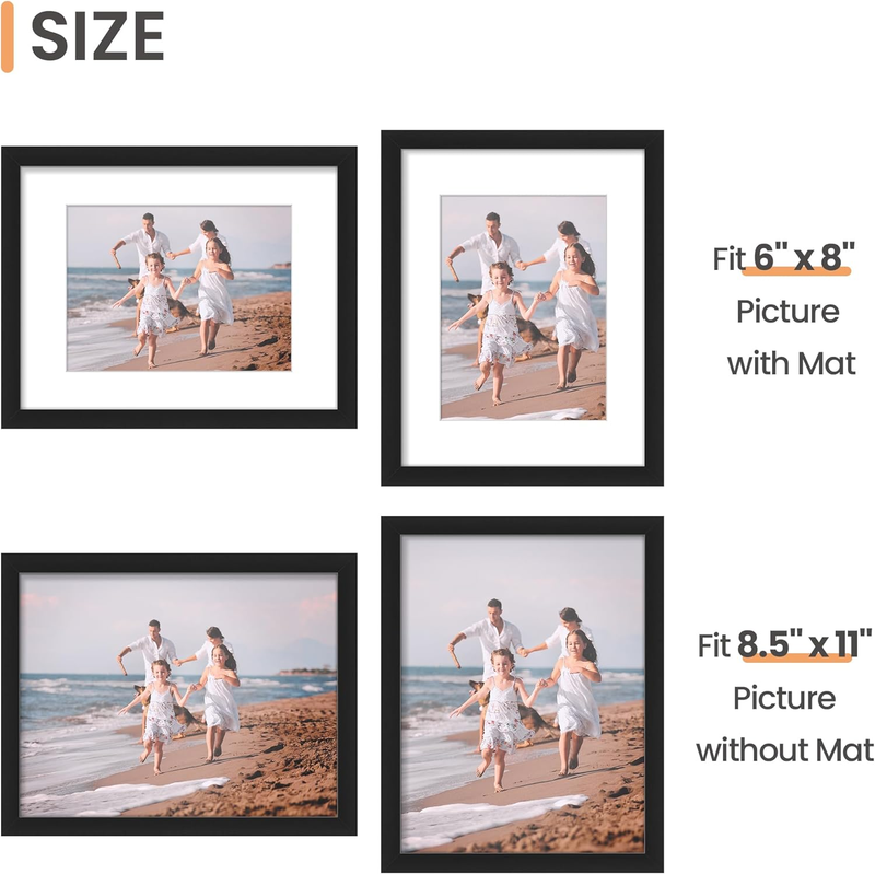 8.5x11 Picture Frame Set of 5, Display Pictures 5.5x7.5 with Mat or 8.5x11 Witho