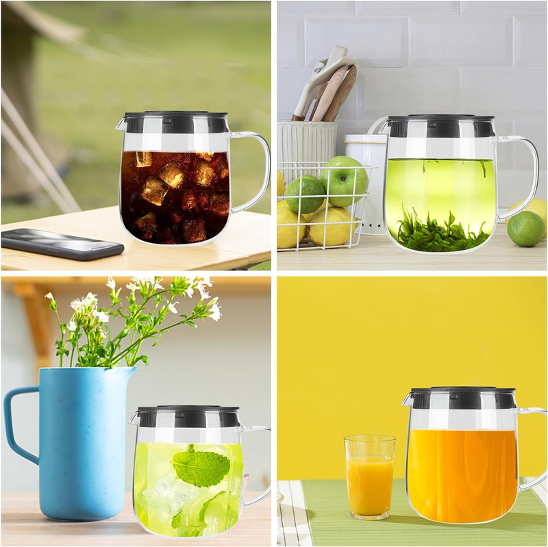 Glass Water Pot Tea Pitcher with Lid & Handle Heat Resistant Beverage Container