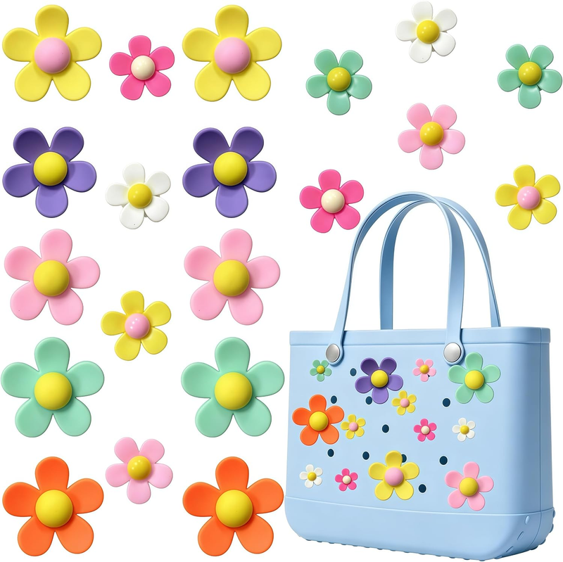 20 Pcs Flower Bag Charms for Rubber Beach Tote Bags Snap On Floral Accessories