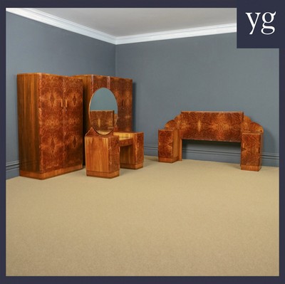 Antique English Art Deco Burr Walnut Five Piece Bedroom Suite (c. 1930)
